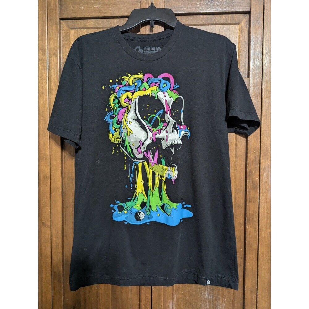 Into The AM Mens Crew T-Shirt Brain Invader Melting Skull Cosmic Graphic Sz M